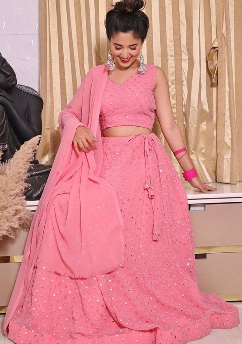 Baby Pink Sequin Thread Embroidered Faux Georgette Lehenga Set