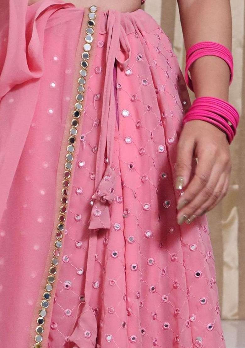 Baby Pink Sequin Thread Embroidered Faux Georgette Lehenga Set - Indya