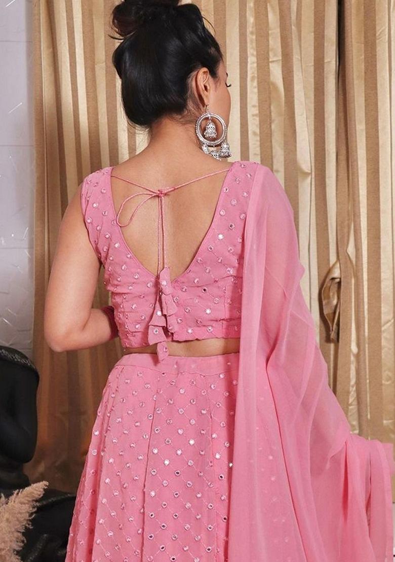 Baby Pink Sequin Thread Embroidered Faux Georgette Lehenga Set
