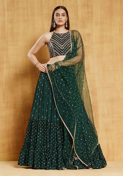 Dark Green Sequin Embroidered Faux Georgette Lehenga Set