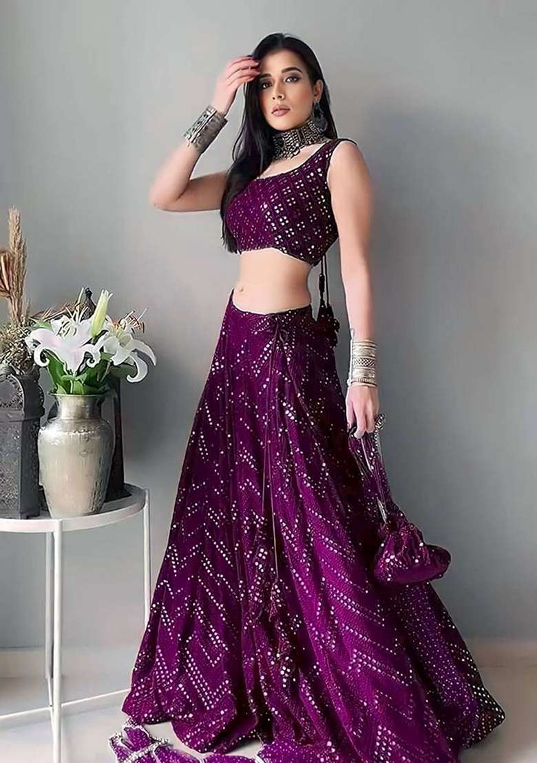 Wine Thread Faux Georgette Lehenga Set with Embroidered for Diwali | Wedding & Festive Wear - Indya
