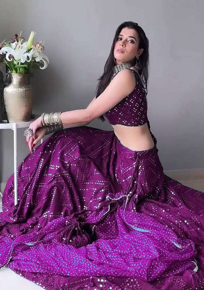 Wine Thread Faux Georgette Lehenga Set with Embroidered for Diwali | Wedding & Festive Wear - Indya