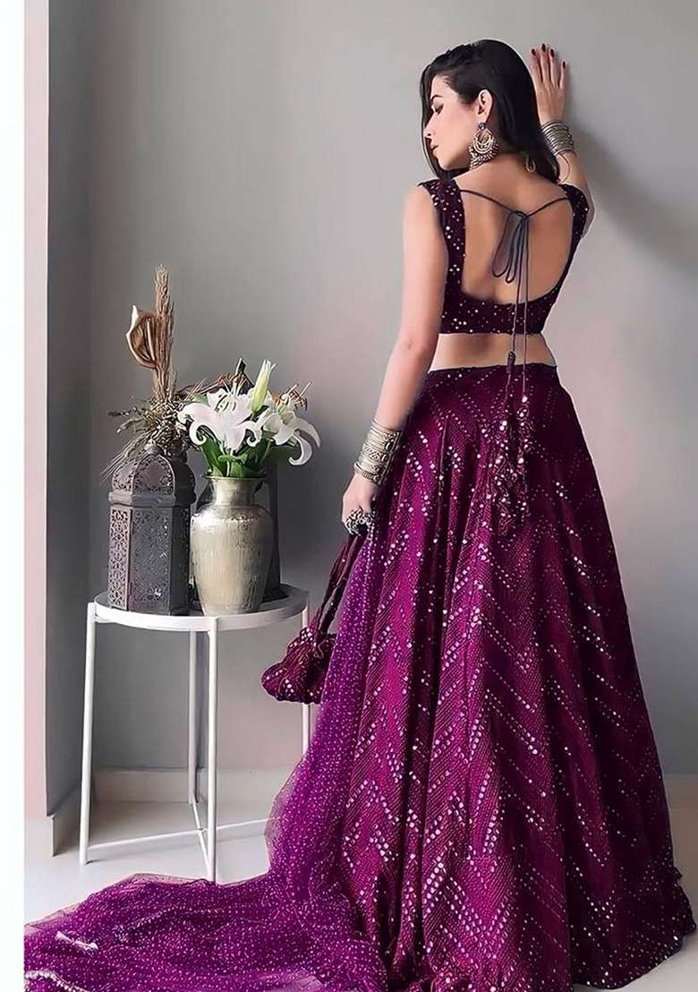 Wine Thread Faux Georgette Lehenga Set with Embroidered for Diwali | Wedding & Festive Wear - Indya