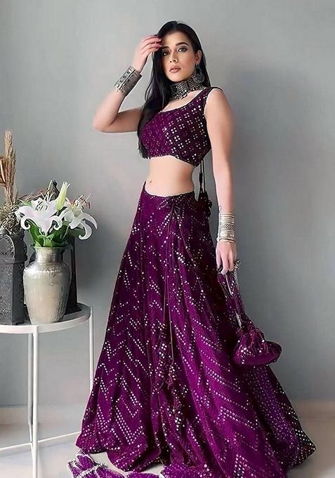 Wine Thread Embroidered Faux Georgette Lehenga Set