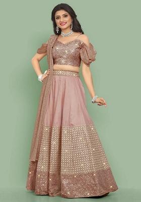 Peach Sequin Thread Embroidered Cotton Silk Lehenga Set