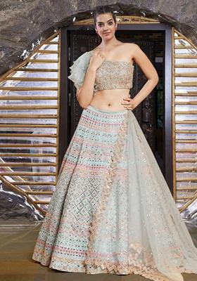 Light Turquoise Thread Zari Embroidered Organza Lehenga Set