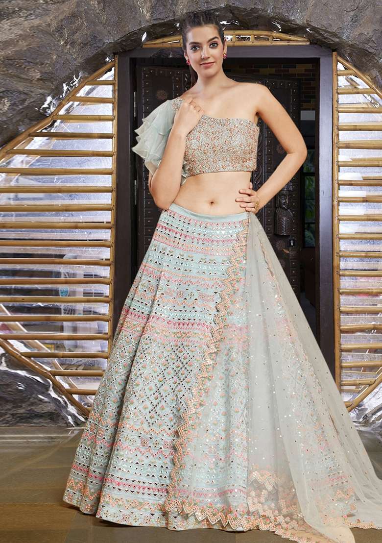 Light Turquoise Thread Zari Embroidered Organza Lehenga Set for Diwali and Festive Wear - Indya