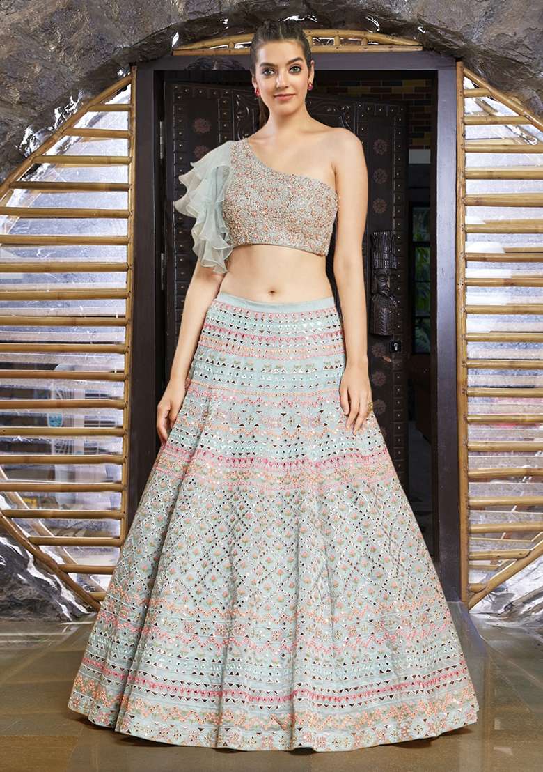 Light Turquoise Thread Zari Embroidered Organza Lehenga Set for Diwali and Festive Wear - Indya