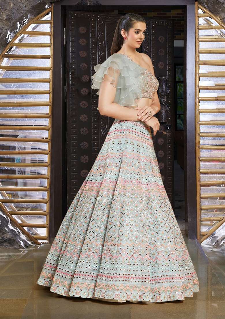 Light Turquoise Thread Zari Embroidered Organza Lehenga Set for Diwali and Festive Wear - Indya