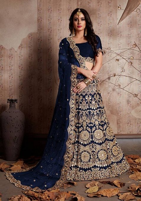 Navy Blue Sequin Zari Embroidered Velvet Lehenga Set