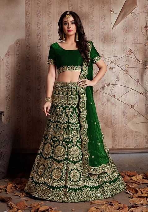 Green Sequin Zari Embroidered Velvet Lehenga Set