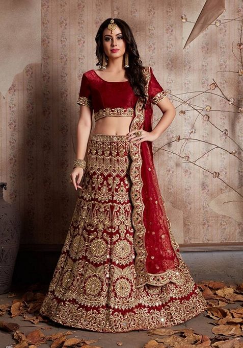 Red Sequin Zari Embroidered Velvet Lehenga Set