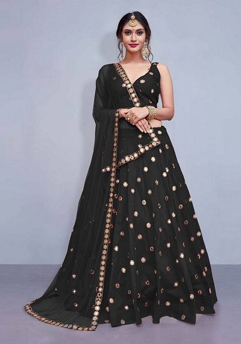 Black Sequin Zari Embroidered Taffeta Silk Lehenga Set