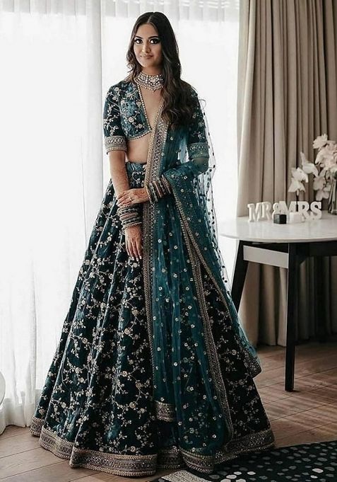 Teal Green Sequin Thread Embroidered Velvet Lehenga Set