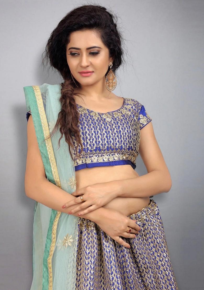 Blue Sequin Zari Embroidered Taffeta Silk Lehenga Set