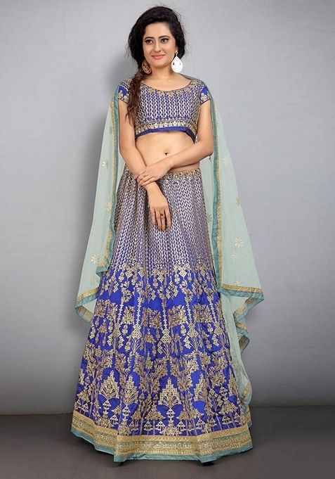 Blue Sequin Zari Embroidered Taffeta Silk Lehenga Set