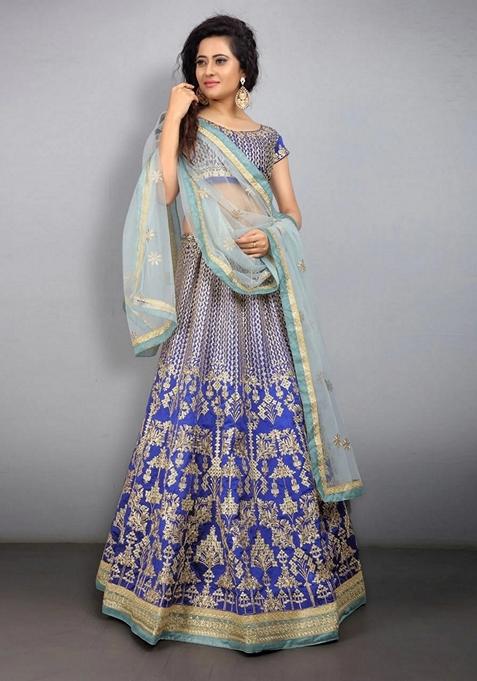 Blue Sequin Zari Embroidered Taffeta Silk Lehenga Set