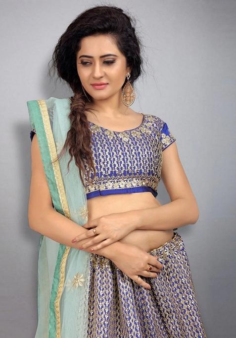 Blue Sequin Zari Embroidered Taffeta Silk Lehenga Set