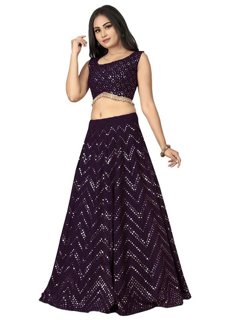 Wine Sequin Thread Embroidered Faux Georgette Lehenga Set