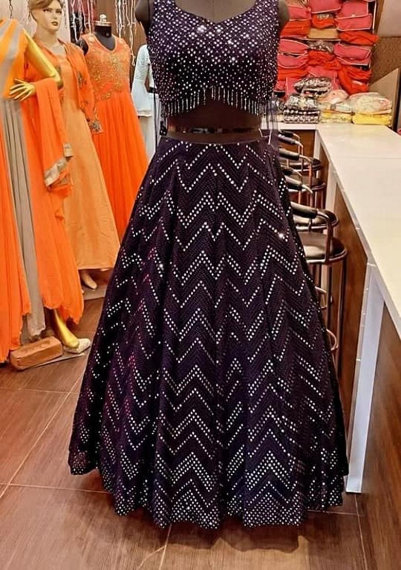 Wine Sequin Thread Embroidered Faux Georgette Lehenga Set