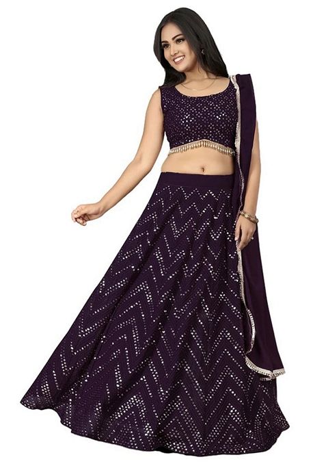 Wine Sequin Thread Embroidered Faux Georgette Lehenga Set