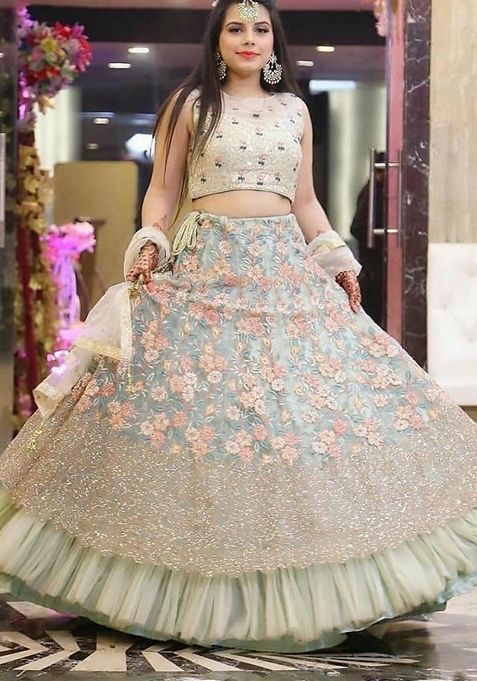 Sea Green Thread Zari Embroidered Net Lehenga Set