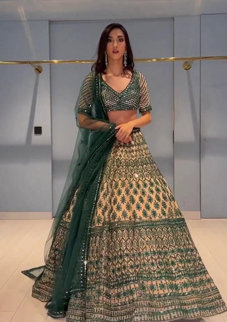 Teal Green Thread Embroidered Georgette Lehenga Set