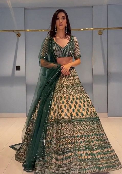 Teal Green Thread Embroidered Georgette Lehenga Set