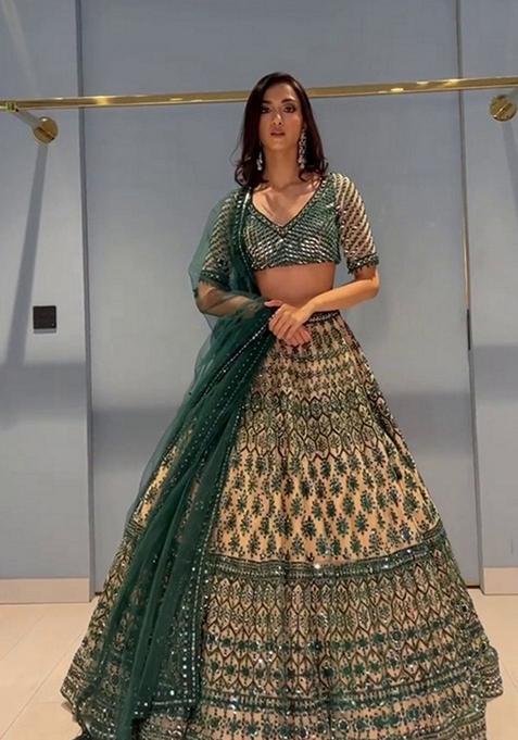 Teal Green Thread Embroidered Georgette Lehenga Set