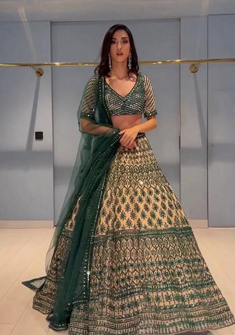 Teal Green Thread Embroidered Georgette Lehenga Set