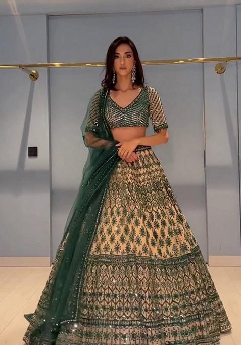 Teal Green Thread Embroidered Georgette Lehenga Set