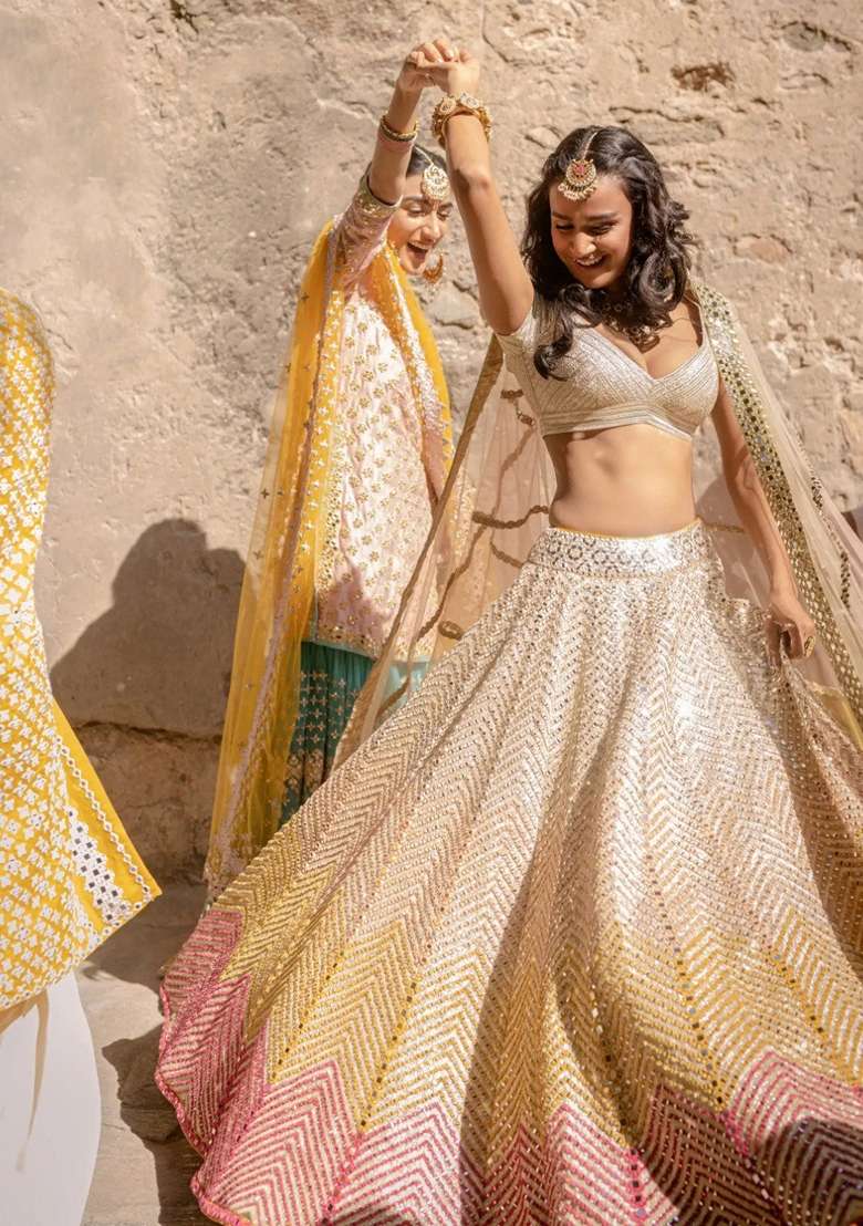 Cream Embroidered Georgette Lehenga Set for Diwali and Festive Wear - Indya