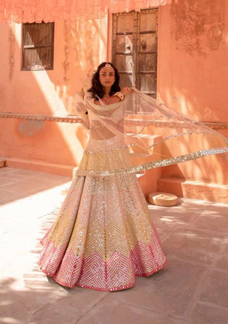 Cream Embroidered Georgette Lehenga Set for Diwali and Festive Wear - Indya