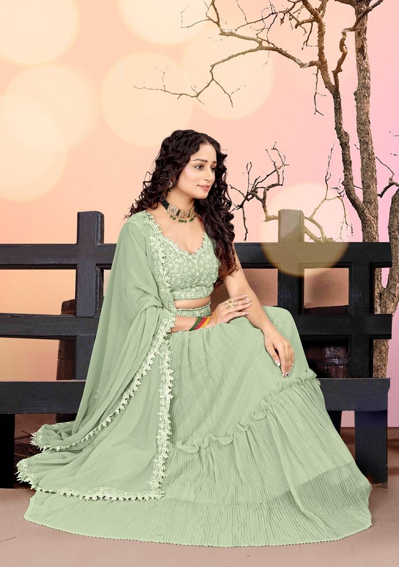Sea Green Embroidered Georgette Lehenga Set