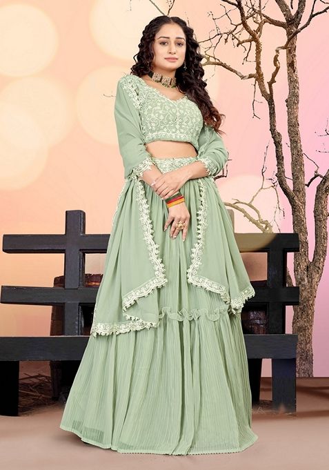 Sea Green Embroidered Georgette Lehenga Set