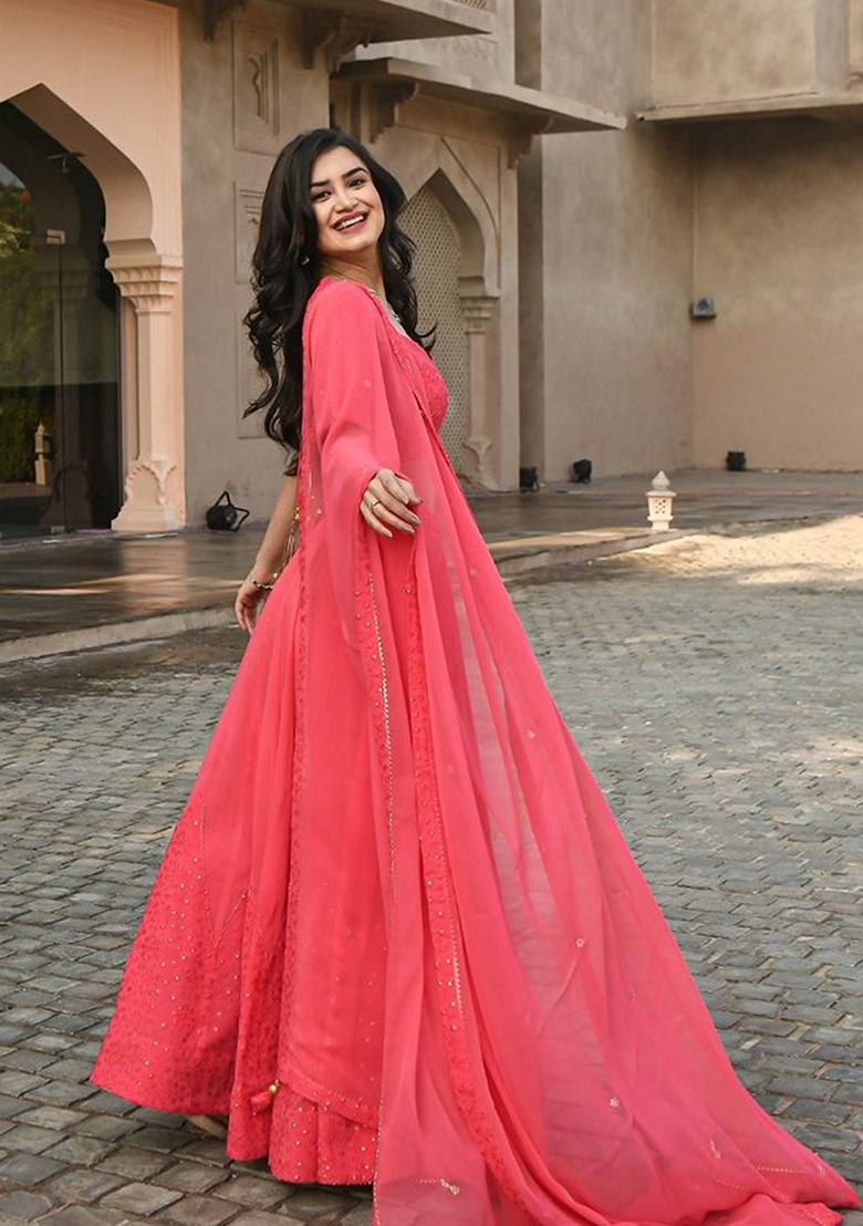 Coral Embroidered Georgette Lehenga Set