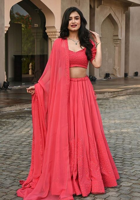 Coral Embroidered Georgette Lehenga Set