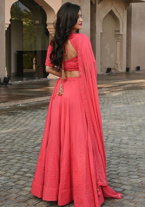 Coral Embroidered Georgette Lehenga Set