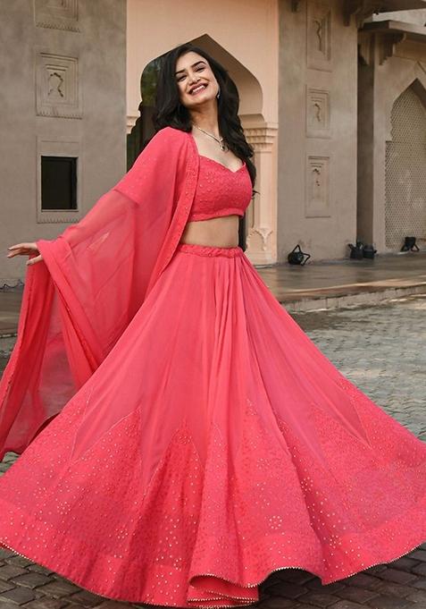 Coral Embroidered Georgette Lehenga Set