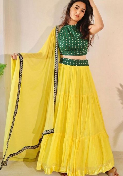 Yellow Embroidered Georgette Lehenga Set