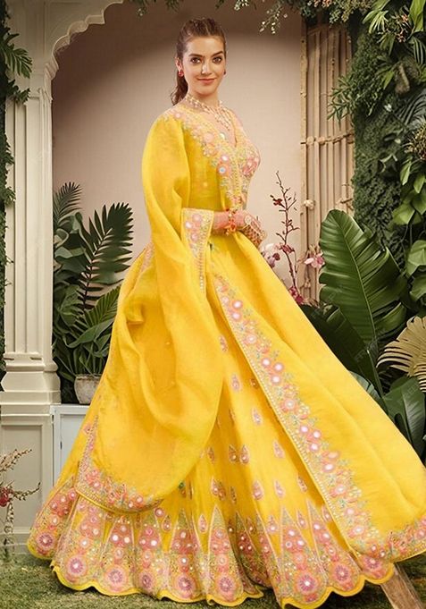 Yellow Embroidered Georgette Lehenga Set