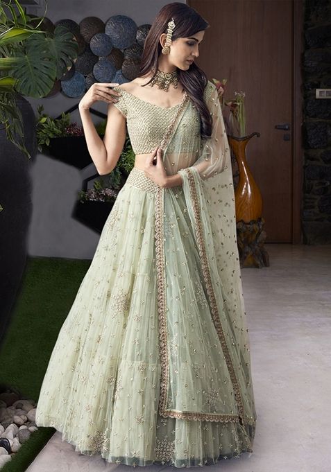 Light Green Embroidered Net Lehenga Set