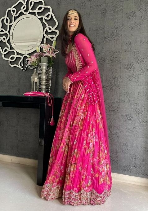 Pink Embroidered Georgette Lehenga Set