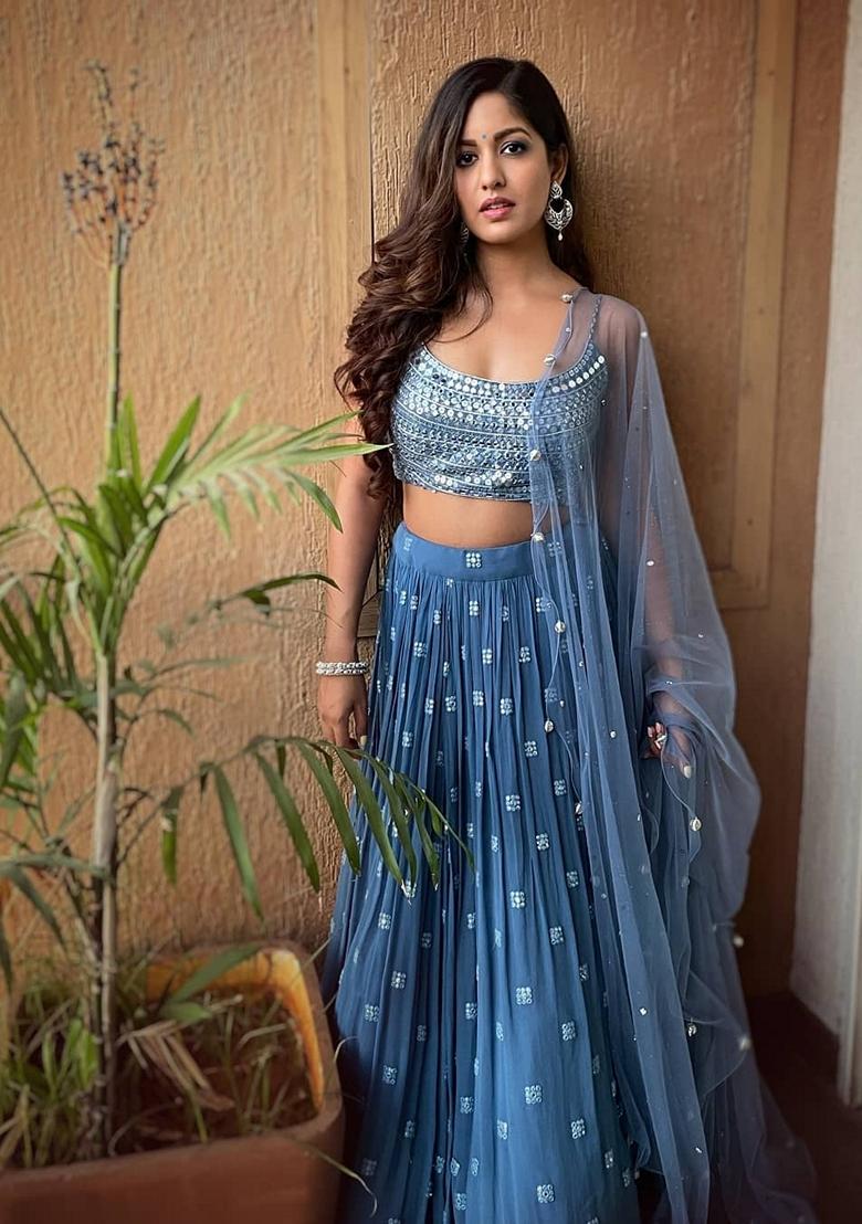 Blue Embroidered Georgette Lehenga Set