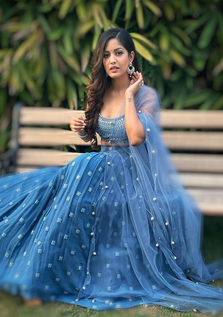 Blue Embroidered Georgette Lehenga Set