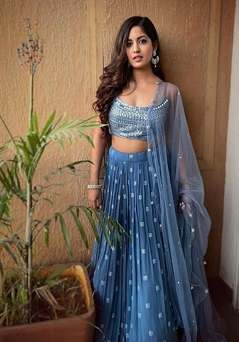 Blue Embroidered Georgette Lehenga Set