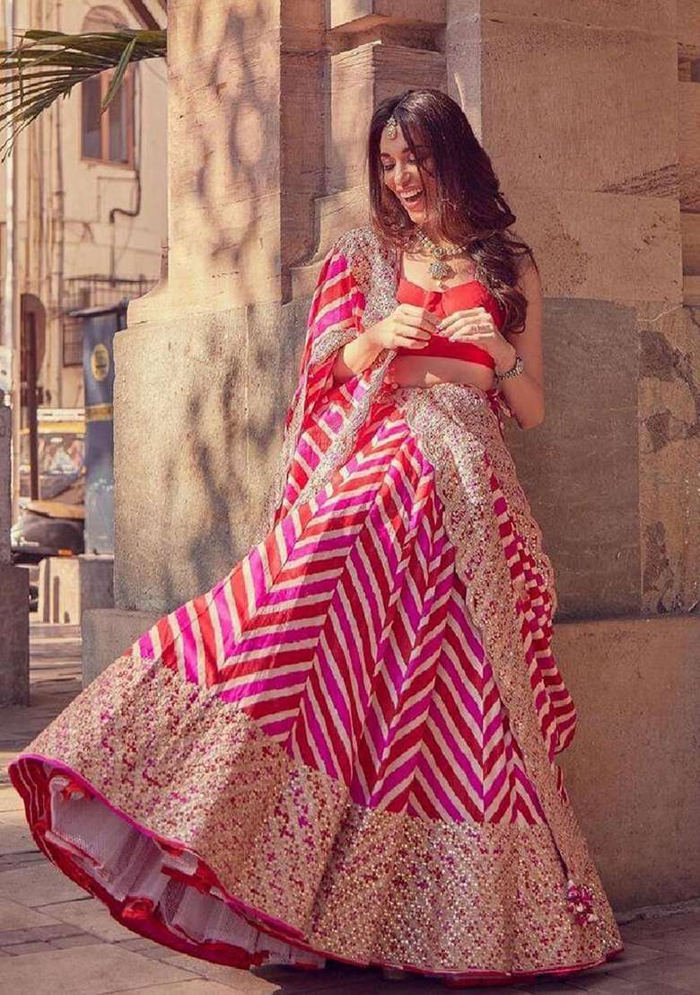Red Embroidered Georgette Lehenga Set for Diwali and Festive Wear - Indya