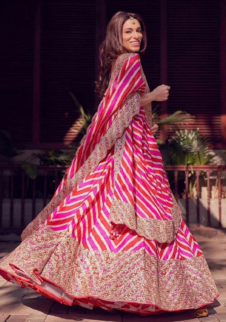 Red Embroidered Georgette Lehenga Set for Diwali and Festive Wear - Indya