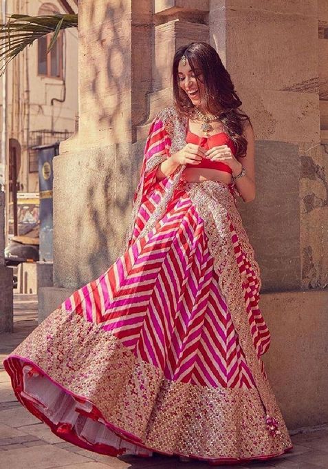 Red Embroidered Georgette Lehenga Set