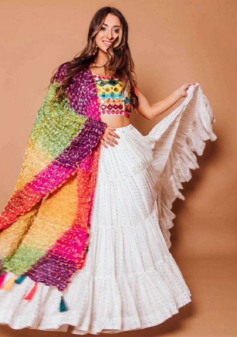 White Georgette Lehenga Set with Embroidered for Diwali | Wedding & Festive Wear - Indya